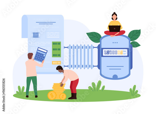 Individuals using technology to manage heating utility bills, calculating costs, and ensuring efficient energy usage in a domestic setting, vector illustration.