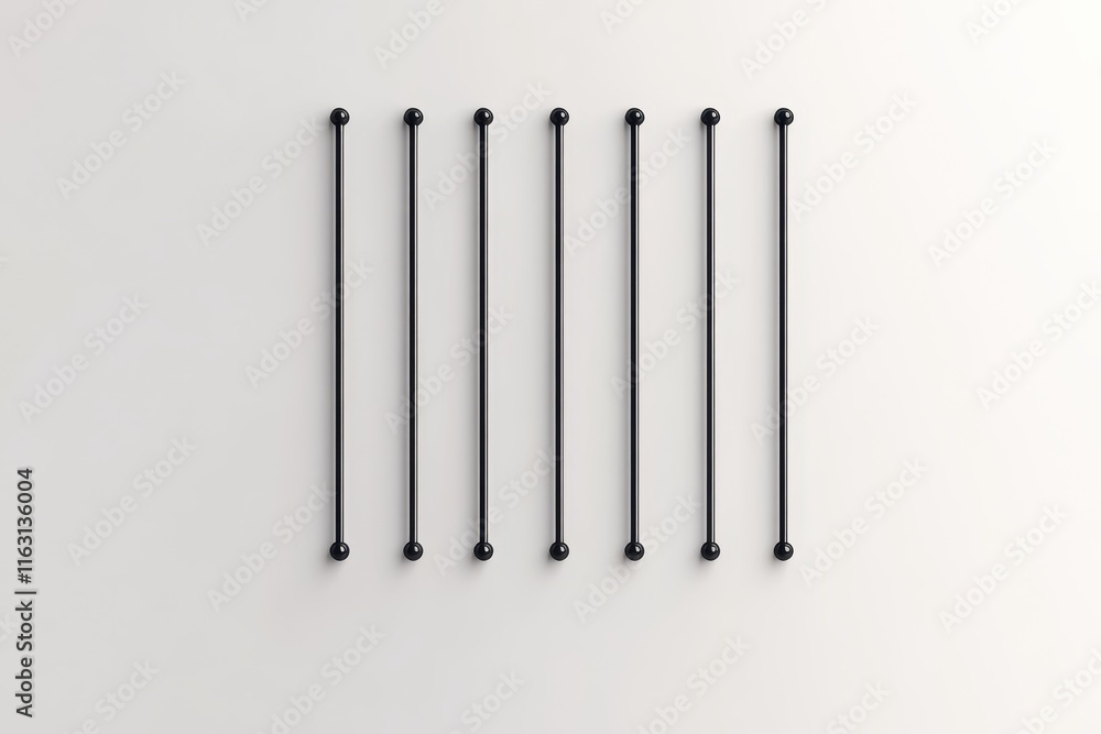 Abstract Minimalist Composition, Seven Black Rods Against a White Background Abstract Minimalist Composition, Seven Black Rods Against a White Background