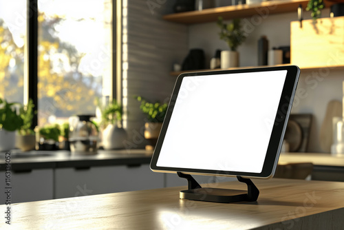 Wallpaper Mural A tablet on a stand in a smart home with white blank template screen placed on the tabletop in a modern minimalist kitchen Torontodigital.ca