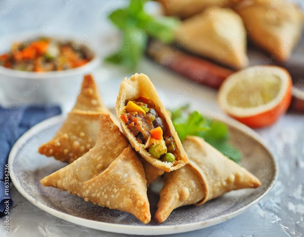 Samosas with Crispy Pastry Shells and Savory Spiced Vegetable Filling Samosas with Crispy Pastry Shells and Savory Spiced Vegetable Filling