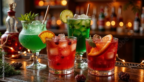  A festive cocktail assortment on a bar counter. Including red and green drinks with seasonal garnishes. Surrounded by twinkling fairy lights and Christmas-themed decor.