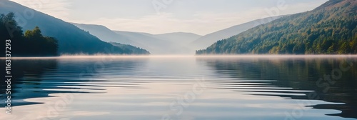 Misty Mountains Reflecting on Calm Lake