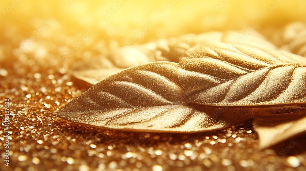 Golden Leaves Resting on Glittering Gold Surface Golden Leaves Resting on Glittering Gold Surface