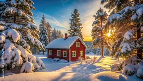 Snowy pines frame a charming red Swedish cottage, a picturesque winter scene. photo