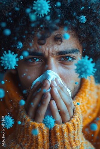 Influenza season. Unhealthy flu-sick man sneezing loudly in tissue, feeling unwell with runny nose, caught cold or allergy symptom. studio shot isolated on blue background.