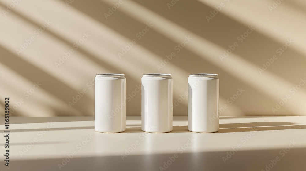 A minimalist beverage can mockup in soft beige tones, elegantly positioned with artistic light and shadow interplay, perfect for branding and design presentations. A minimalist beverage can mockup in soft beige tones, elegantly positioned with artistic light and shadow interplay, perfect for branding and design presentations.