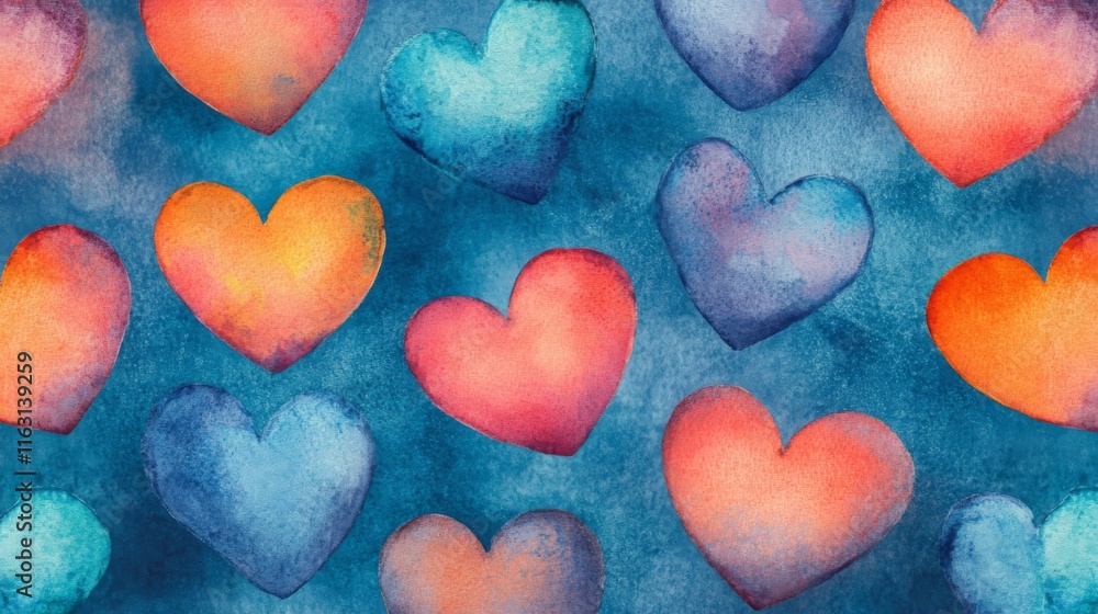 Fototapeta premium Watercolor Hearts Pattern Blue Background Lovely Design