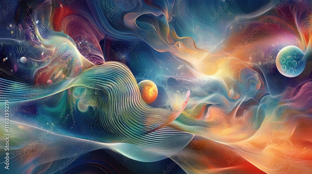 A vibrant cosmic scene featuring swirling colors, planets, and ethereal elements. A vibrant cosmic scene featuring swirling colors, planets, and ethereal elements.
