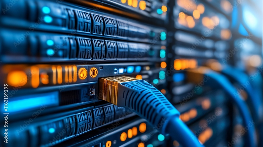 Network server rack with illuminated cables connected. Network server rack with illuminated cables connected.