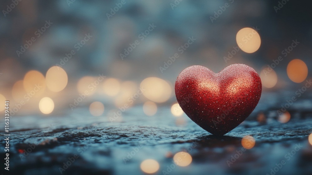 Glittering Red Heart Rests On Dark Rock Surface Glittering Red Heart Rests On Dark Rock Surface