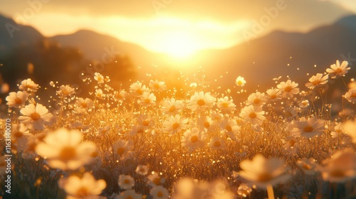Sunrise over a field of blooming flowers.