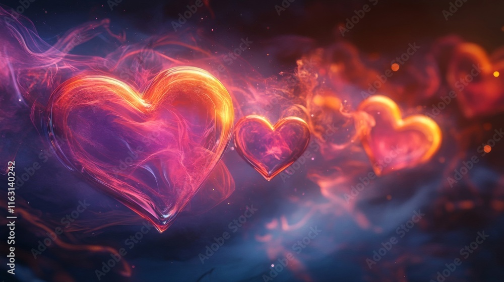 Fiery Heart Shapes Float In Smoky Nebula Fiery Heart Shapes Float In Smoky Nebula