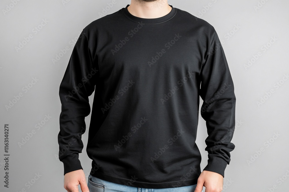A person wearing a plain black long-sleeve shirt against a gray background. A person wearing a plain black long-sleeve shirt against a gray background.