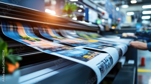 High-speed printing machine producing colorful images, large-scale industrial operation in modern print shop, manufacturing concept