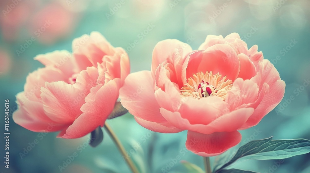 Delicate Coral Peonies Blooming Softly in Springtime Delicate Coral Peonies Blooming Softly in Springtime