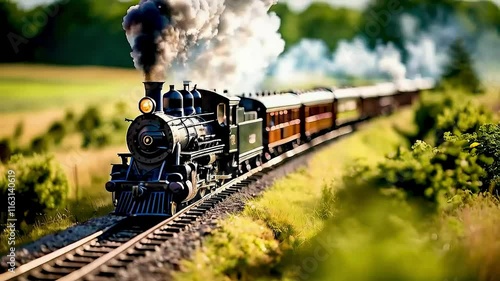 a steam train  moving through the countryside photo