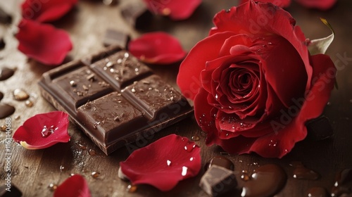 Dark Chocolate Bar and Red Rose Petals
