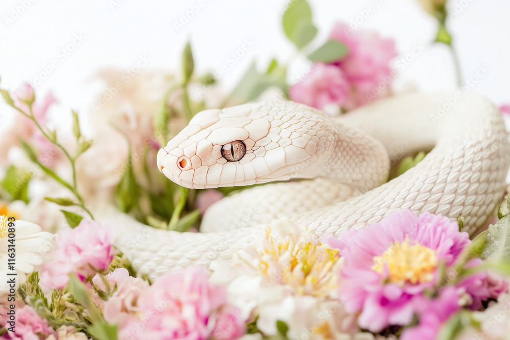 Fototapeta premium Serpent blanc entouré de fleurs