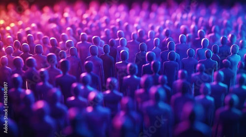 Large group of people standing together. Neon lights illuminate crowd creating vivid visual effect. Community, unity highlighted in illustration. Many people stand together in vibrant gathering. photo