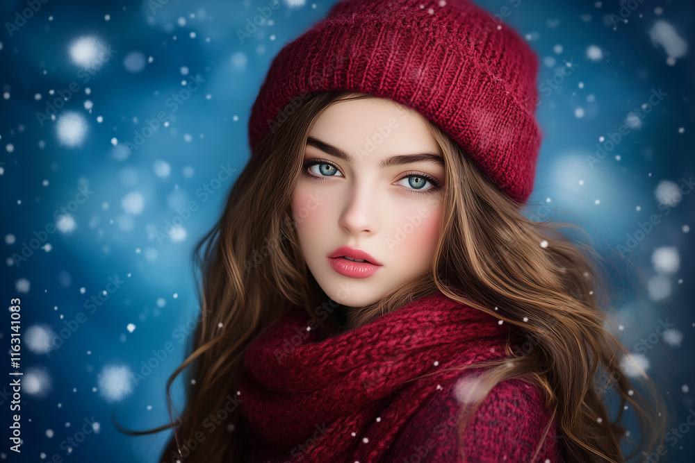 Jeune femme avec écharpe et bonnet sous la neige Jeune femme avec écharpe et bonnet sous la neige