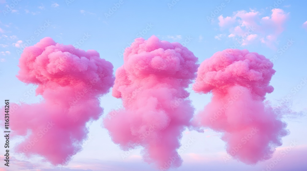 Fototapeta premium Three pink fluffy clouds in pastel sky.
