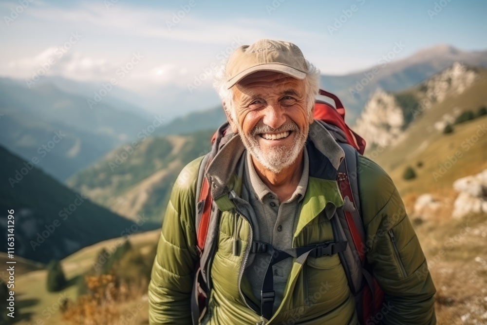 Senior man hiking in the mountains. Active senior male hiker. Senior man hiking in the mountains. Active senior male hiker.