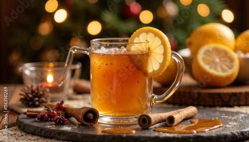  A hot toddy in a glass mug with a lemon slice. Cinnamon stick, and honey drizzled on the side. Cozy holiday decor with a soft bokeh effect. 