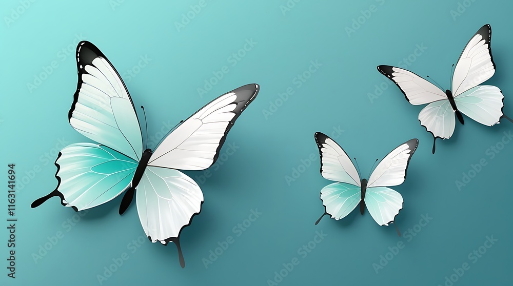 Obraz premium Graceful butterflies in flight against a serene turquoise background, showcasing delicate white wings with intricate details, perfect for representing beauty, nature, and peaceful elegance in digital