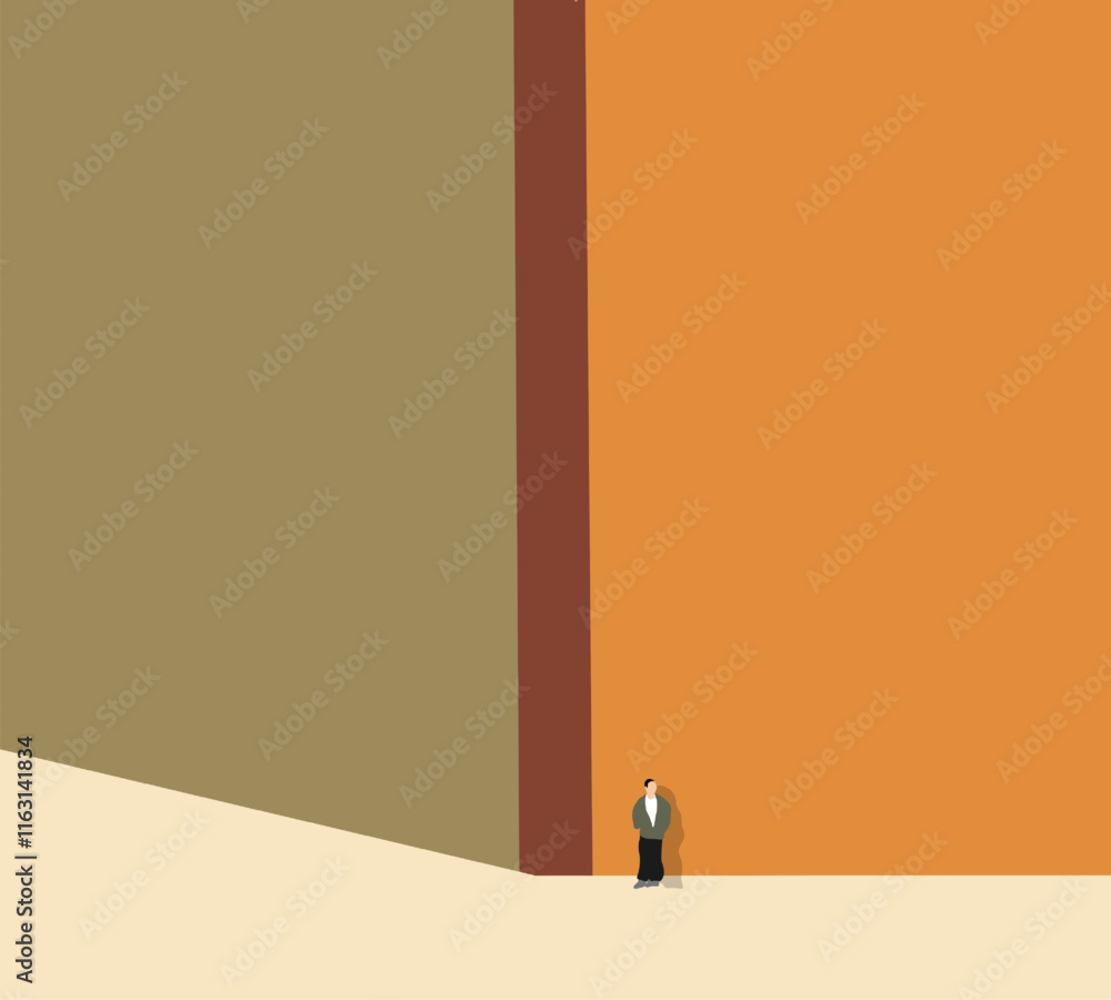 Man standing in corner of building on urban city street. Minimal art design modern architecture building. Lifestyle Man standing in corner of building on urban city street. Minimal art design modern architecture building. Lifestyle
