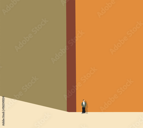 Man standing in corner of building on urban city street. Minimal art design modern architecture building. Lifestyle