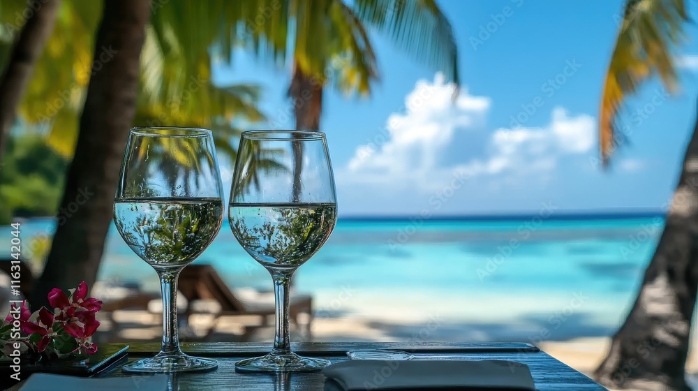 Obraz premium Two wine glasses on beach table, ocean view.