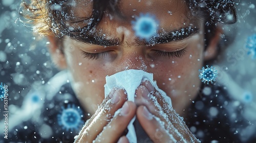 Influenza season. Unhealthy flu-sick man sneezing loudly in tissue, feeling unwell with runny nose, caught cold or allergy symptom. studio shot isolated on blue background.