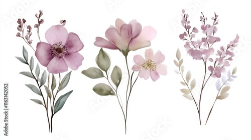 Elegant Watercolor Floral Collection: Delicate Pink and Purple Blooms