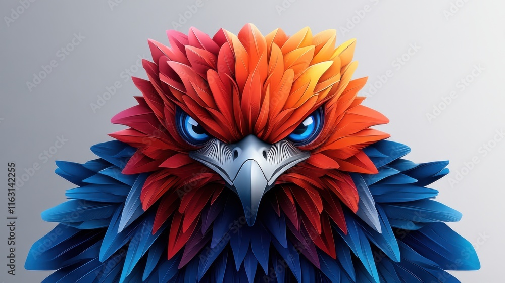 Fototapeta premium Intricate Colorful Bird Illustration with Bright Feathers and Intense Eyes, Perfect for Modern Decor