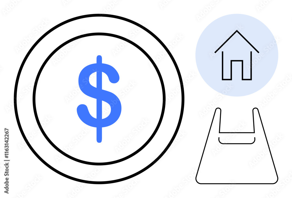 Dollar sign circle, house outline blue circle, triangular bag line drawing. Ideal for finance, savings, investments, housing, real estate shopping expenses. Abstract line flat metaphor Dollar sign circle, house outline blue circle, triangular bag line drawing. Ideal for finance, savings, investments, housing, real estate shopping expenses. Abstract line flat metaphor