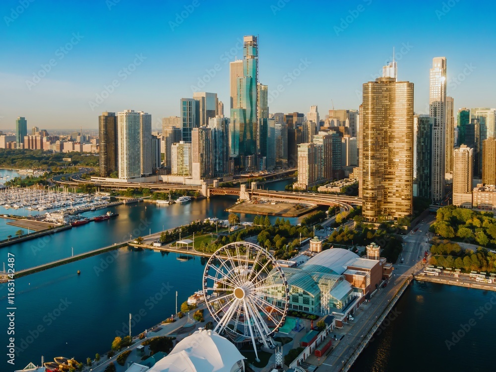 Fototapeta premium Chicago skyline at sunrise, showcasing the city's architecture and harbor. Aerial view of the city's waterfront. Navy Pier, Chicago, Illinois, United States Of America