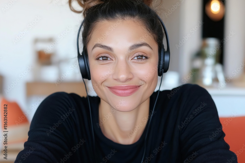 Portrait of a young businesswoman smiling while wearing headphones and working comfortably from her home office, embracing modern technology Portrait of a young businesswoman smiling while wearing headphones and working comfortably from her home office, embracing modern technology