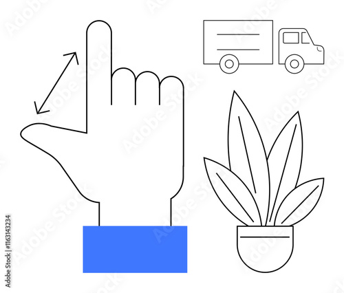 Hand performing a gesture with blue wrist, small delivery truck, and potted plant. Ideal for interface design, user interaction, gesture control, logistics, environmental sustainability photo