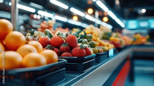 Fresh Fruits Displayed in Grocery Store Aisle with Strawberries, Oranges, and Various Colorful Produce