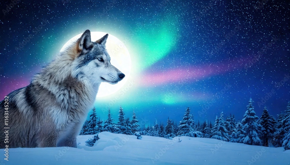 Naklejka premium A lone wolf stands in a snowy forest under a glowing full moon and vibrant northern lights on a starry night.