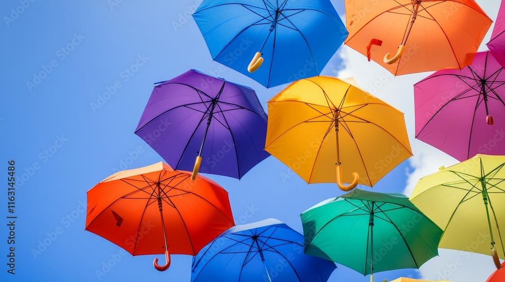 Obraz premium colorful umbrellas floating in the sky. umbrellas. colorful umbrellas
