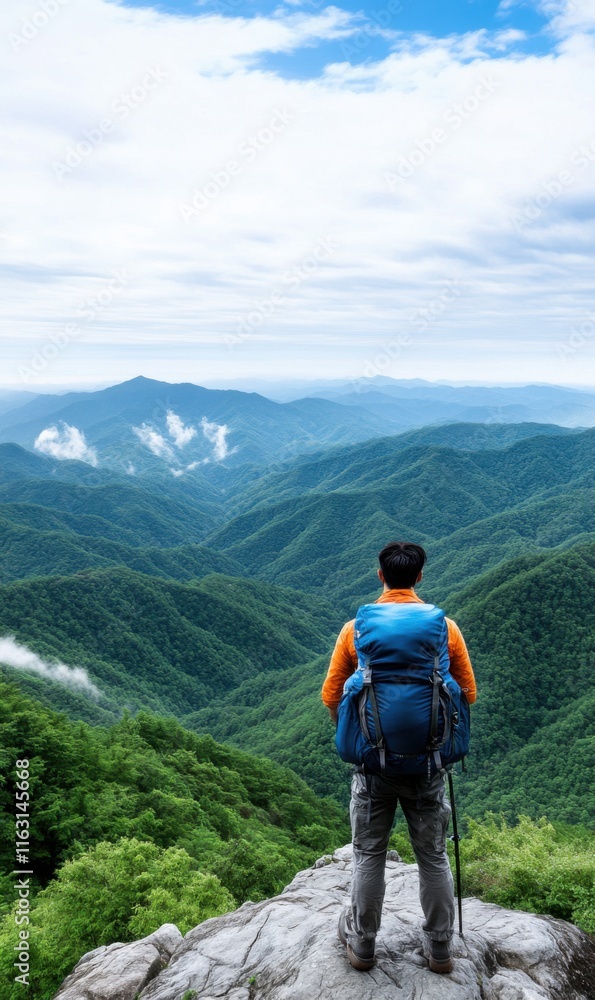 Solo Adventurer Enjoys Breathtaking Mountain View with Lush Green Hills Beneath a Clear Blue Sky Solo Adventurer Enjoys Breathtaking Mountain View with Lush Green Hills Beneath a Clear Blue Sky