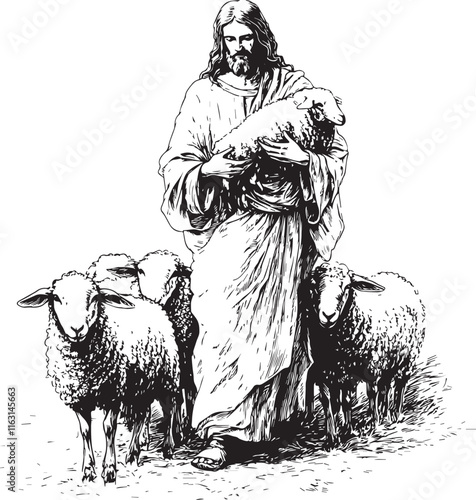 Sketch-style illustration of Jesus as the Good Shepherd, surrounded by a large flock of sheep, with a halo above His head. A peaceful and divine depiction of Christ’s care and guidance, perfect for re