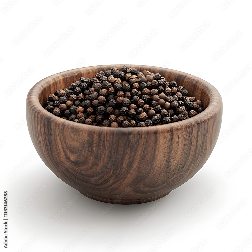 Black pepper in wooden bowl isolated on white background Black pepper in wooden bowl isolated on white background