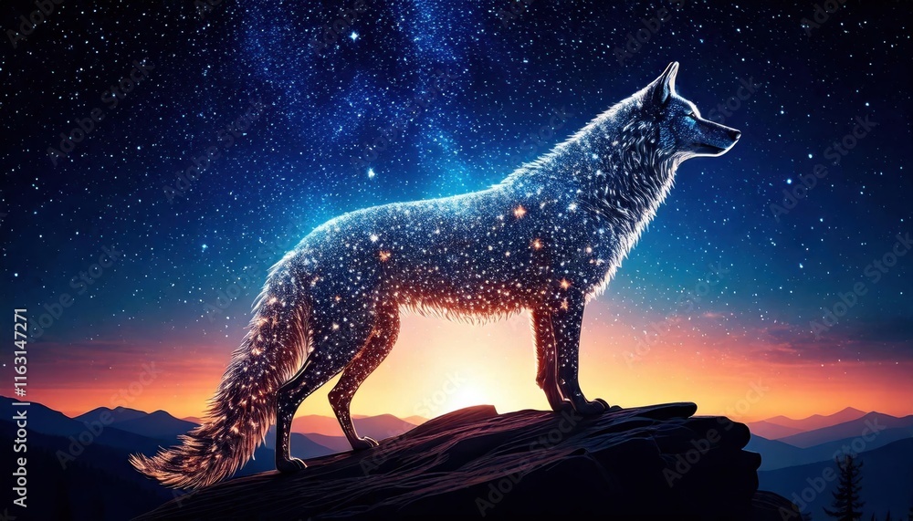 A celestial wolf with a body of stars stands on a mountain peak, illuminated by a vibrant twilight sky and cosmic backdrop. A celestial wolf with a body of stars stands on a mountain peak, illuminated by a vibrant twilight sky and cosmic backdrop.