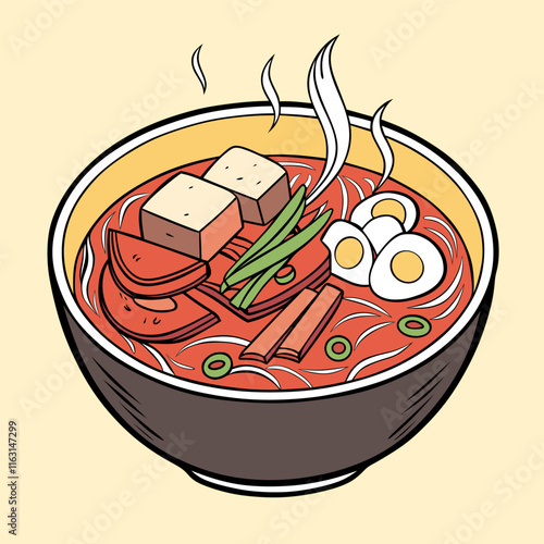 Illustration of Korean Food Bowl KIMCHI JJIGAE Steaming with Ingredients.