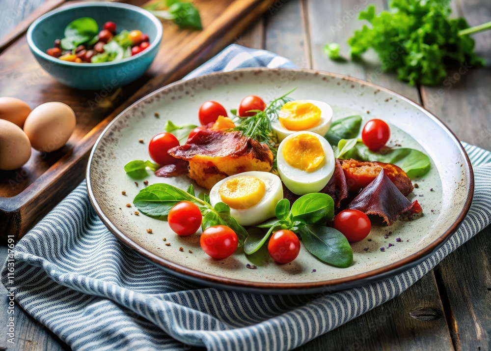 Stylish food photography:  Boiled eggs, crispy bacon, & fresh veggies create a fashionable breakfast spread.