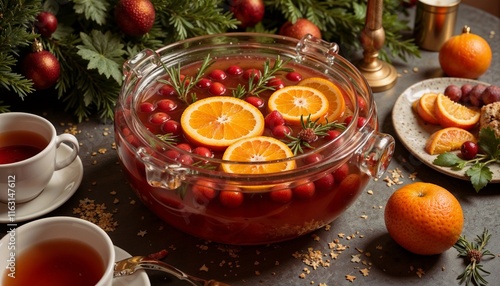  A festive punch bowl with floating orange slices, cranberries, and rosemary sprigs.  Cups placed nearby on a table with holiday ornaments and garlands. 