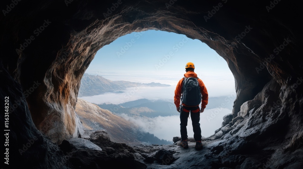 Explorer Stands at Cave Entrance Overlooking Dramatic Landscape with Clouds and Mountains Under Bright Sky