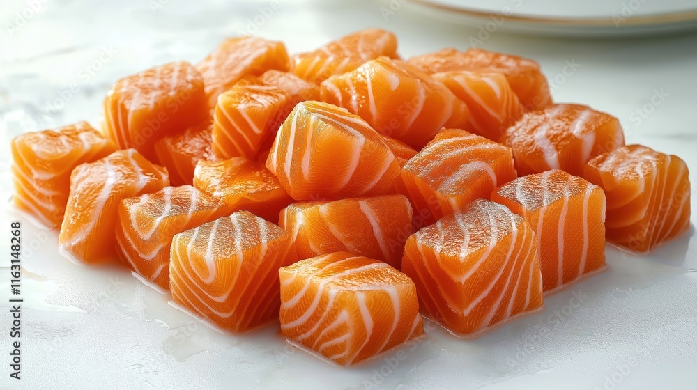 Fresh salmon sashimi cubes arranged on white surface. Closeup view of vibrant orange salmon cubes with visible white lines. Food photography raw fish slices for menu culinary presentation. High Fresh salmon sashimi cubes arranged on white surface. Closeup view of vibrant orange salmon cubes with visible white lines. Food photography raw fish slices for menu culinary presentation. High